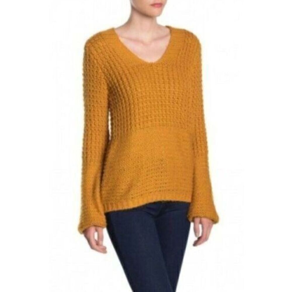 NEW Ady P Nordstrom Mixed Stitch V-Neck Bell Sleeve Sweater M NWOT